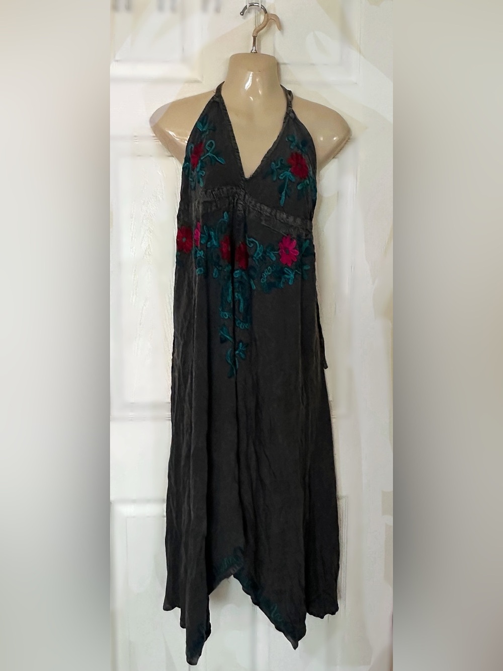 Backless Black Embroidered Maxi Dress with Teal & Magenta Floral Accents